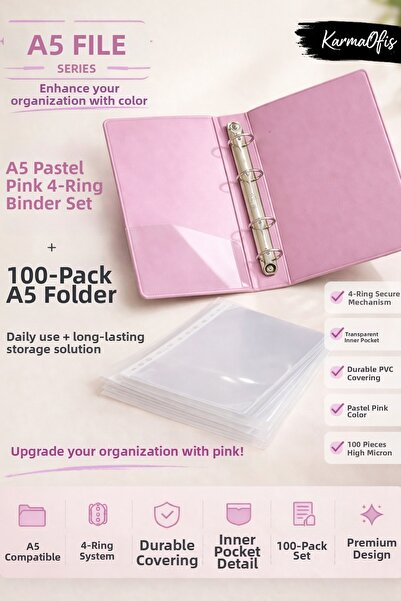 KarmaOfis مجموعة مجلدات A5 باللون الوردي الباستيل مع 4 حلقات + 100 حقيبة ملفا...