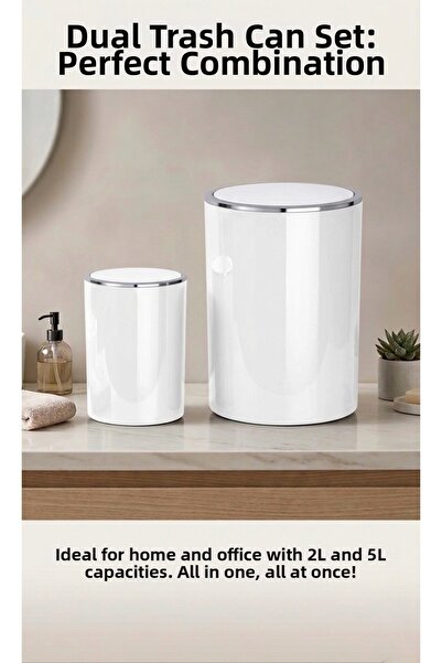 Saban سلة مهملات بيضاء مكونة من قطعتين، سعة 5 لتر و 2 لتر - موديل إنكا