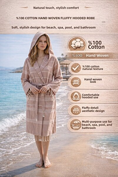 TECHTACT 100% Cotton Handwoven Tassel Hooded Peshtemal Bathrobe, Beach, Spa, ...