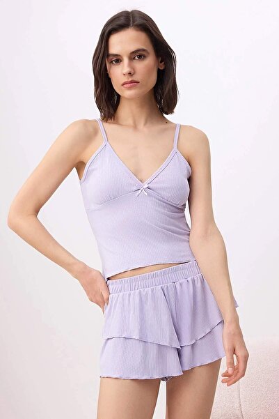 Trendyol Collection Lilac Corded Ruffle Rope Strap Knitted Pajama Set Thmss26...