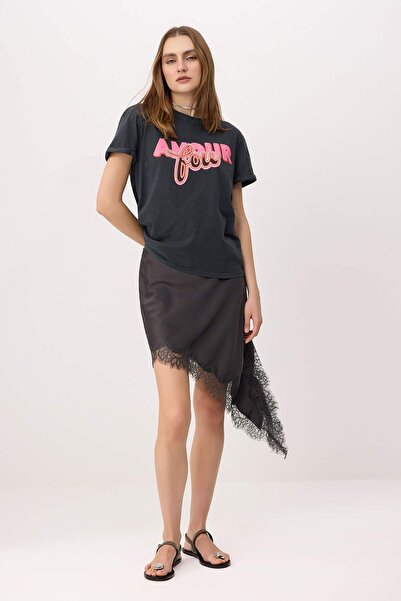 Trendyol Collection Anthracite Slogan Regular/Normal Fit Short Sleeve 100% Co...