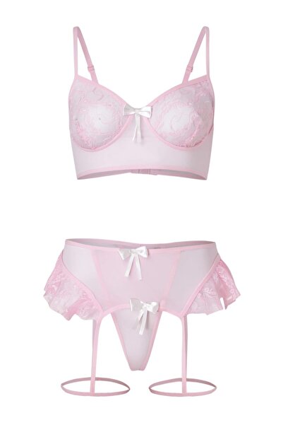 Trendyol Collection بودي سوت وردي اللون من الدانتيل بدون حلقات وحواف مكشكشة ب...