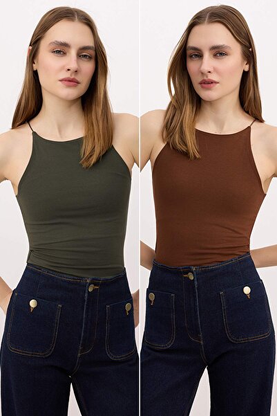 Колекція Trendyol Коричнево-хакі 2-пакетний комплект коротких трикотажних май...