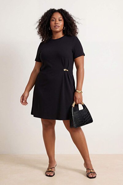black dresses with black boots Woven Square Neck Solid Ruffle Long Black Midi Dress Curve & Plus main image 0