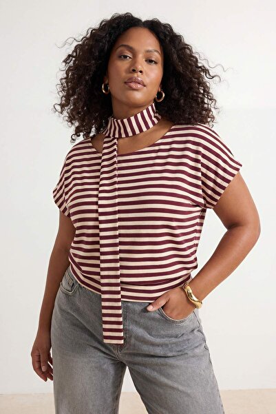 Trendyol Curve Burgundy Striped Scarf Asymmetric Collar Viscose Ribbed Plus S...