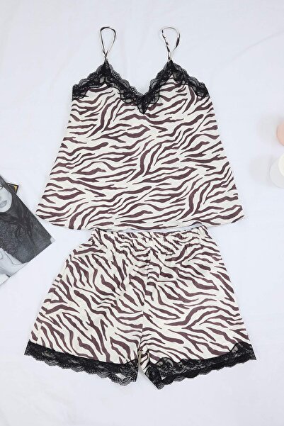 Trendyol Kollektion Ecru-braunes Pyjama-Set aus gewebtem Satin mit Zebramuste...