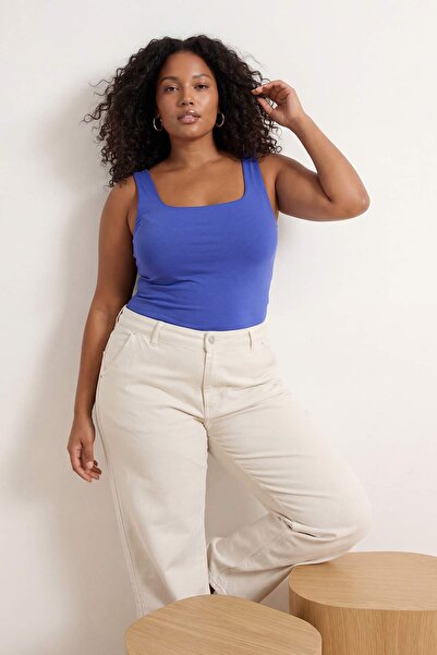 Trendyol Curve Saks Square Collar Strap Soft Buttoned Basic Knitted Large Siz...