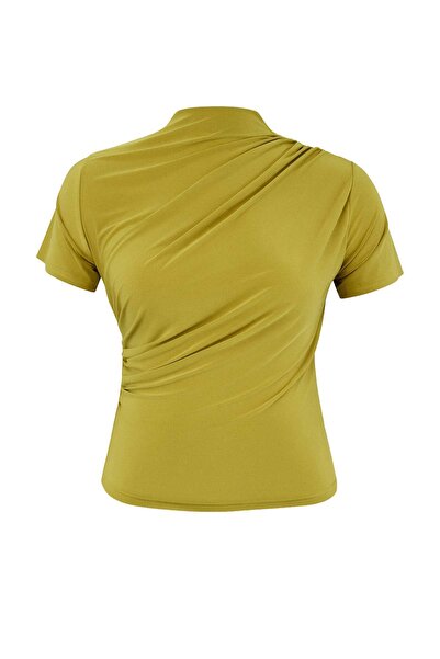 Trendyol Curve Bluză verde ulei guler ridicat cu încrețituri Sandy din materi...