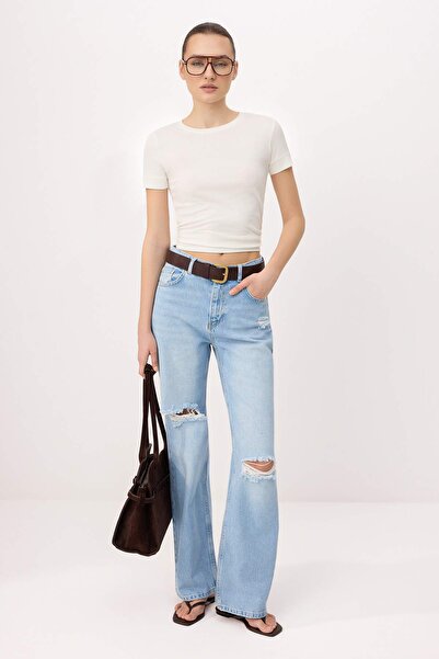 Trendyol Kollektion Blaue, zerrissene, detaillierte High-Waist-Jeans mit weit...