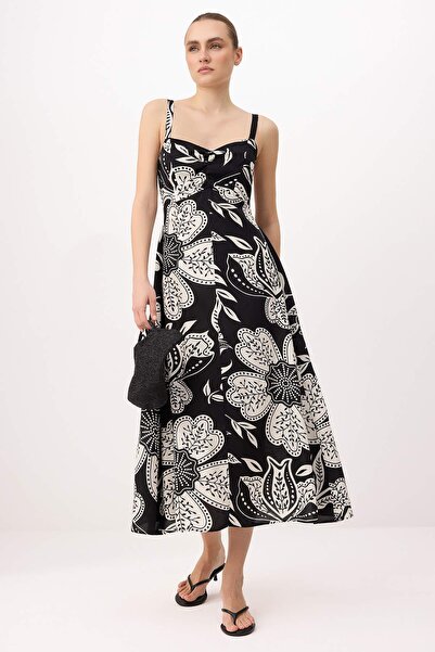 Συλλογή Trendyol Μαύρη φλοράλ φούστα με ανοιχτή μέση Gipeli Midi υφαντό φόρεμ...