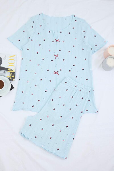 Trendyol Curve Σετ πιτζάμες Blue Cherry Με σχέδιο με κορδέλα πλέξη ριμπ Plus ...