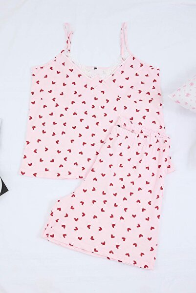 Trendyol Curve Rosa Herz-V-Ausschnitt-Strick-Pyjama-Set mit Trägern in Übergr...