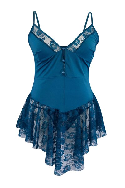 Trendyol Curve Petrolfarbenes Spitzen-Babydoll mit Knopfleiste und Trägern, o...