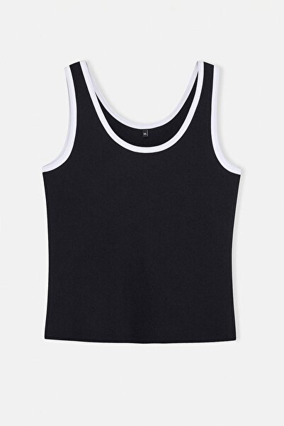 Trendyol Curve Black Pool Collar Contrast Piping Detailed Plus Size Tank Top ...