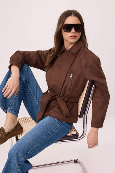 Συλλογή Trendyol Καφέ Παλτό Σουέντ Κανονικής Εφαρμογής με Ζώνη TWOSS26MO00019