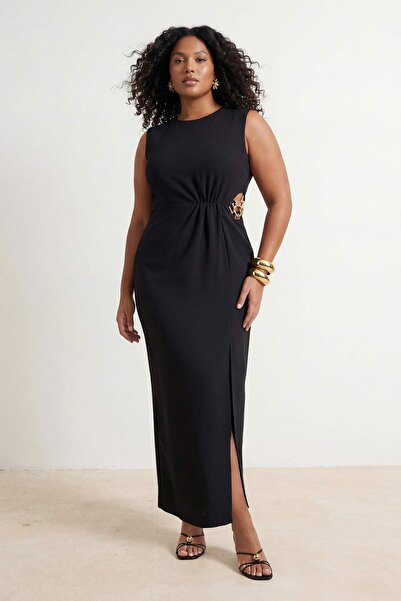 Trendyol Curve Rochie neagră Finike țesut mărime mare TBBSS26AH00008