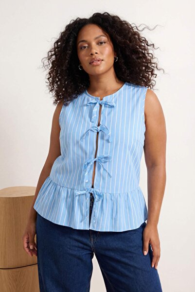 Trendyol Curve Μπλε Terrycotton Woven Plus Size Μπλούζα