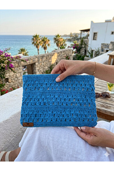 PACHİRA El Yapımı Hasır Portföy Kağıt İp Clutch Çanta / En 32 cm. Uzunluk 21 cm.
