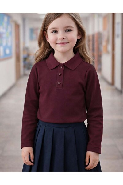OrganicKid Polo Yaka Basic Bordo Uzun Kollu Çocuk T-shirt