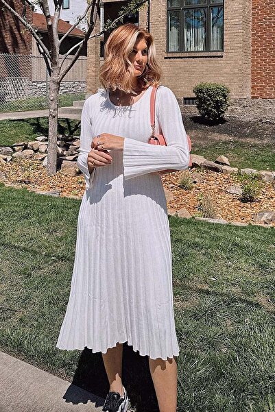 Madmext Rochie albă mulat material reiat Tricotaj Midi pentru femei MG2691