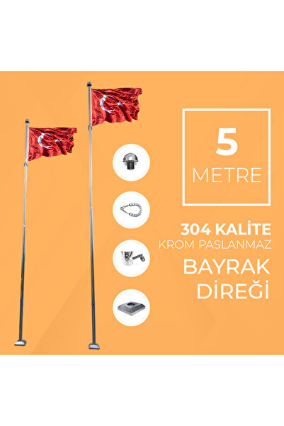 Metal Market 5 Metre Paslanmaz 304 Krom Çelik Bayrak Direği