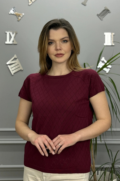 Bİ.GİYSEN Women's plus size burgundy crew neck diamond pattern lycra cold thr...