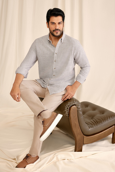 AC&Co / Altınyıldız Classics Ανδρικό καφέ 100% βαμβακερό πουκάμισο με λεπτή ε...