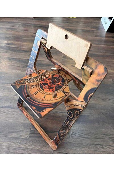 SEMENDER Tasarım Ahşap Katlanabilir Sandalye Pusula Desen Yaşlanmış