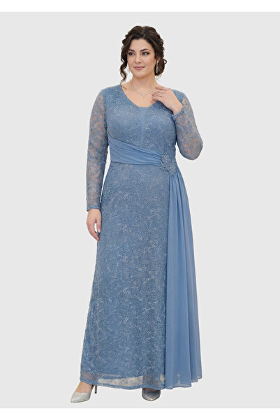 LİLAS XXL Büyük Beden Mavi Renkli Simli Dantel Uzun Abiye Elbise
