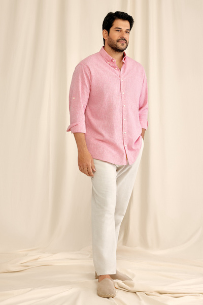 AC&Co / Altınyıldız Classics Erkek Fuşya Keten Comfort Fit Rahat Kesim Düğmel...