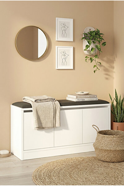 Robin Home Minderli Oturaklı Ayakkabılık 3 Kapaklı Dolap 90cm Beyaz