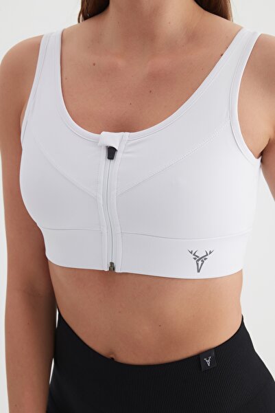 cervus Spor Büstiyer Fermuar Detaylı Crop Top Beyaz