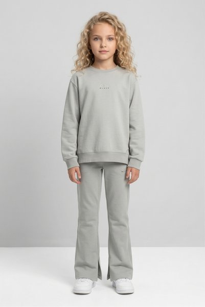 Black One Girls' Cotton Tracksuit Set – Print Detail, Flared Crew Neck