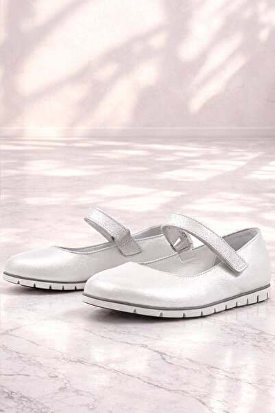 Rakerplus Genuine Leather Silver Velcro Girls' Ballerinas