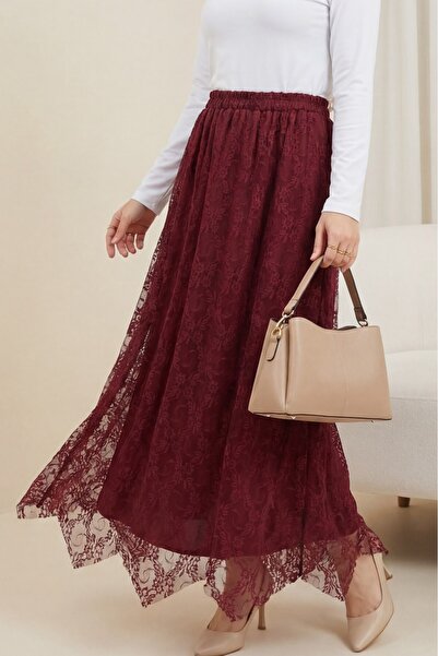 Modamorfo Asymmetrical Cut Lined Tulle Skirt with Elastic Waist - Burgundy