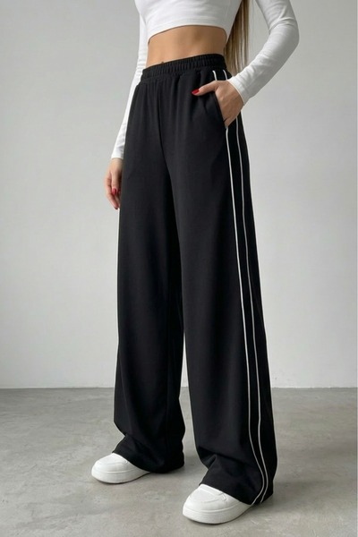 Grenj Fashion Μαύρο με ρέλι φαρδύ μπατζάκι /Πλεκτό αθλητικό παντελόνι με φαρδ...