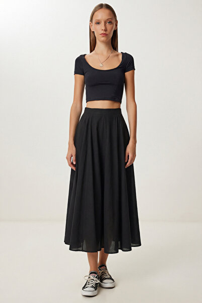Lovelyİstanbul Yazlık Kloş Midi Dokuma Etek LCR0110 SİYAH