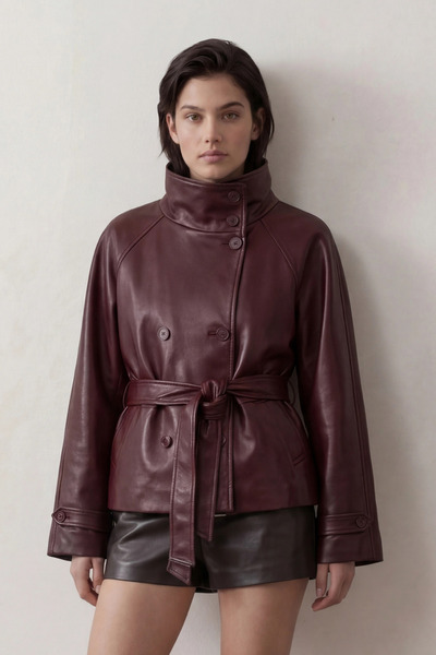 MEECY Тренч зі штучної шкіри з високим коміром