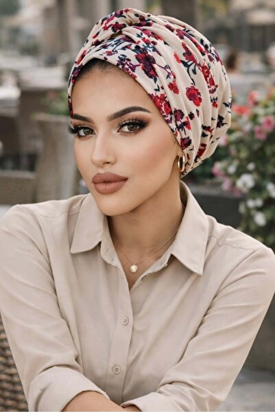 Aişe tesettür Bone Red Flower Patterned Bonnet with Twist Detail