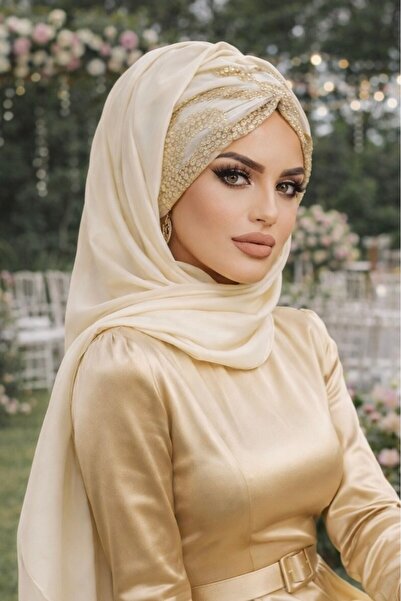 Aişe tesettür Ecru Gold Lace Ready-made Chiffon Shawl