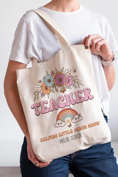 PEKSHOP İsme Özel Baskılı Bez Çanta Öğretmenler Günü Hediyesi Çiçekli Teacher