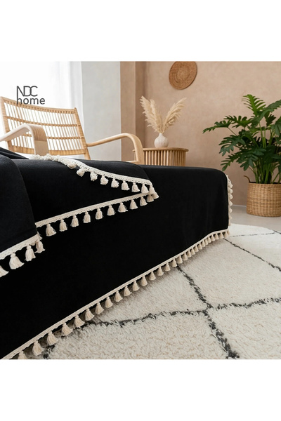 NDC HOME غطاء أريكة فاخر من الكتان الأسود - صدفي، 170x220