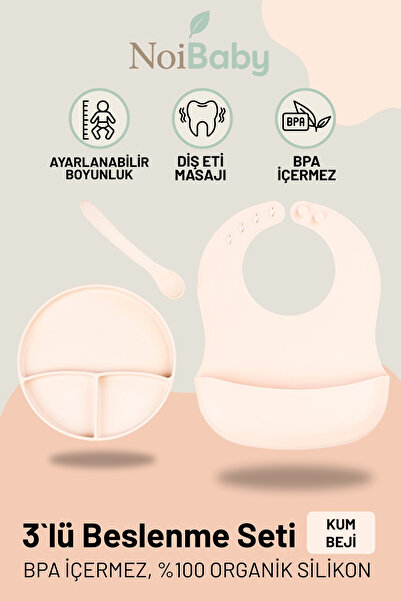 NoiBaby Krem 3’lü Silikon Yemek Seti – Önlük + Diş Kaşıyıcılı Kaşık + Vakumlu...
