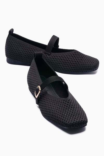 Mubiano Kadın Triko Babet Baretli Kare Burunlu Günlük Babet Cala Siyah