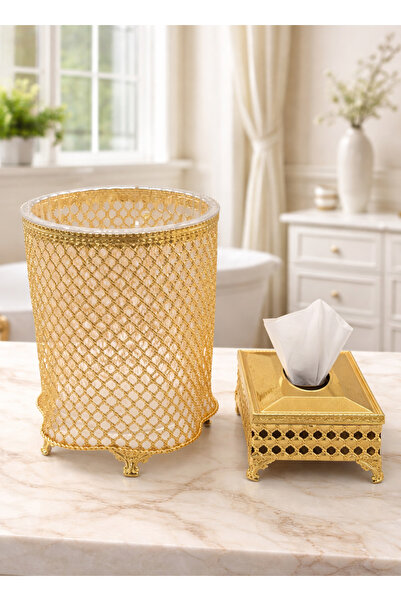 ALQANNAS طقم سلة مهملات وعلبة مناديل ذهبية | سلة مهملات وعلبة مناديل أنيقة وع...