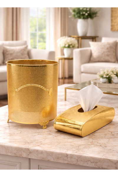 ALQANNAS طقم سلة مهملات وعلبة مناديل ذهبية | سلة مهملات وعلبة مناديل أنيقة وع...