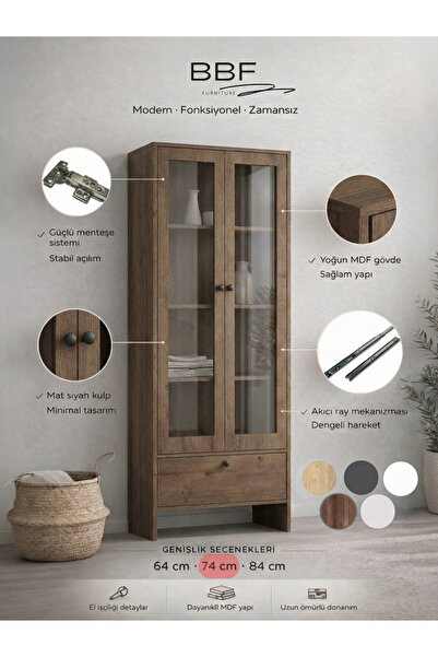 BBF Furniture Barok Cam Kapaklı Modern Kitaplık ve Vitrin Dolap – Çekmeceli, ...