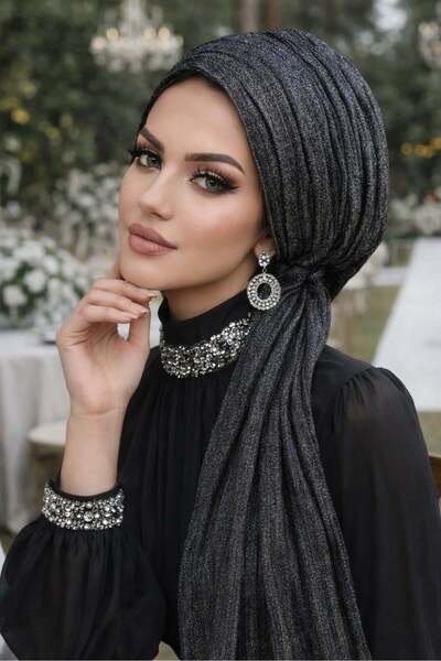 Aişe tesettür Siyah Gümüş Piliseli Kelebek Model Bantlı Abiye Bone Şal