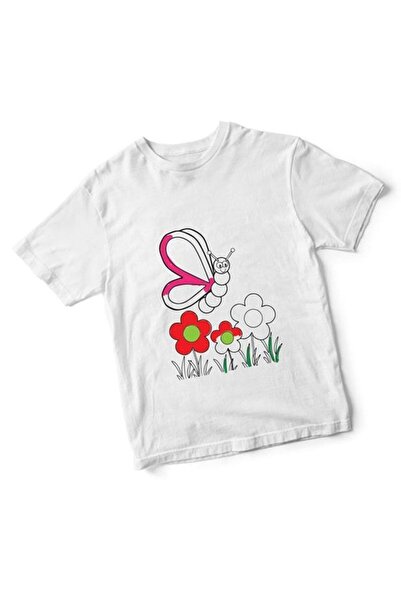 Pamusan Boyanabilir Unisex Çocuk T-Shirt Beyaz - Kelebek Desenli