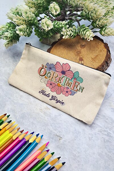 PEKSHOP Öğretmene Hediye İsimli Bez Kalemlik Çiçekli